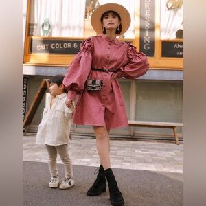 GHOSPELL Pink Button Up Dress Puff Slevees Ties Cottagecore Statement Sleeves